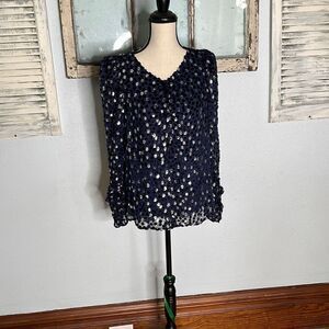Kate Spade Womens Blouse V Neck Long Sleeve Blue Silver Dot Faux Velvet Small